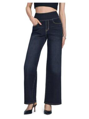 Pull On Wide Leg Jeans High Waisted Elastic Waist Stretch Denim